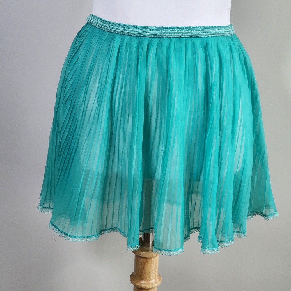 Vintage Pleated Mini Skirt Half Slip Womens Medium Teal Sheer Lace Trim Fairy